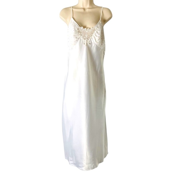 Vintage White Satin Midi Babydoll Slip Dress Lace Sequins Beaded - Picture 3 of 14